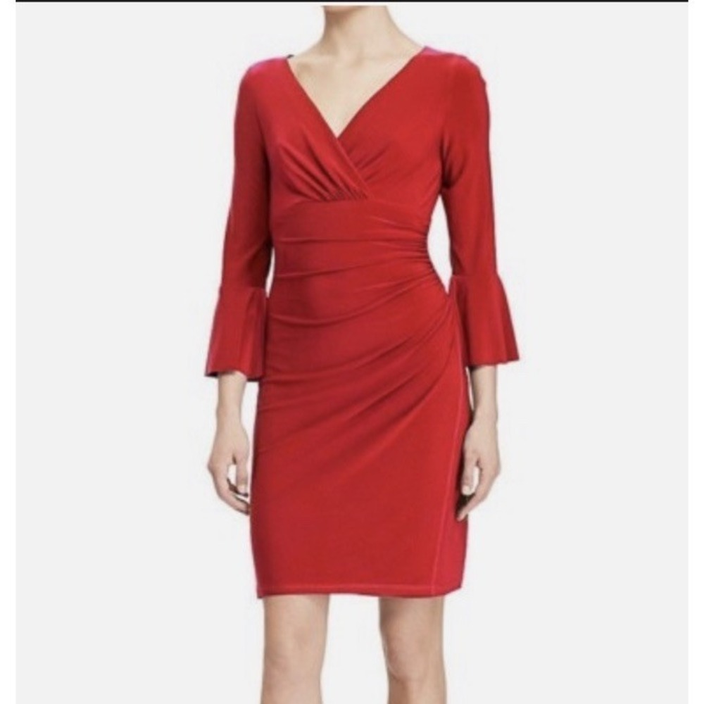 LAUREN RALPH LAUREN Dress Size 6 Red Surplice Bell Sleeve Knee Length Stretch